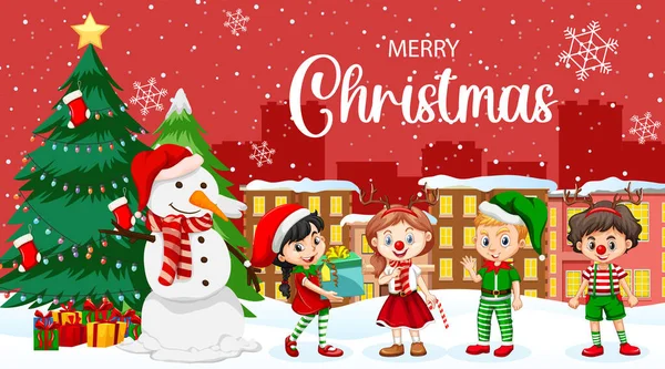 Веселий Різдвяний Банер Дітьми Різдвяних Костюмах Ілюстрація — стоковий вектор