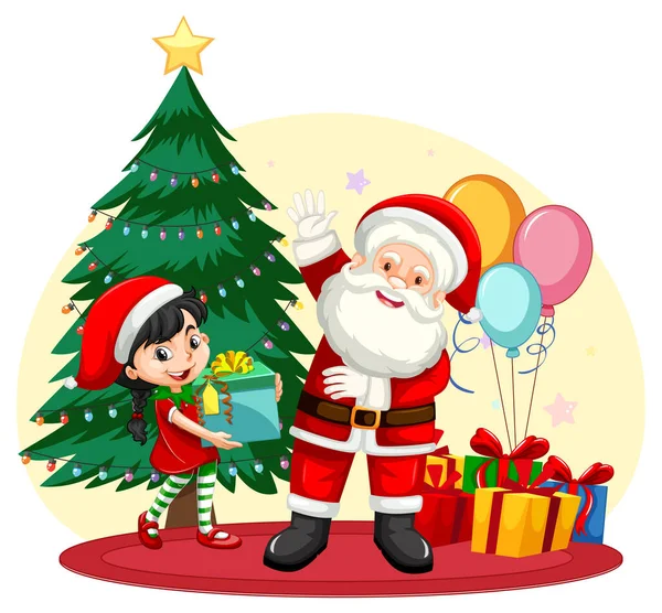 Kerstman Een Meisje Houden Geschenkdoos Cartoon Stijl Illustratie — Stockvector