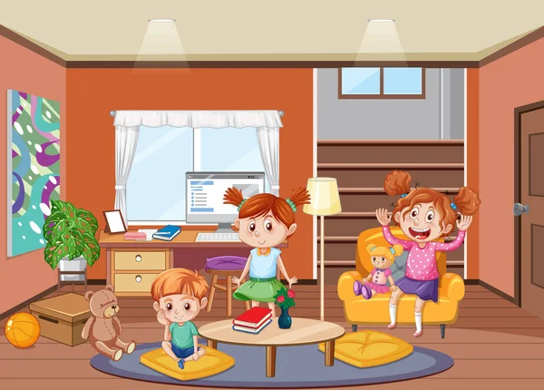 Happy Children Living Room Scene Illustration — Stockvektor