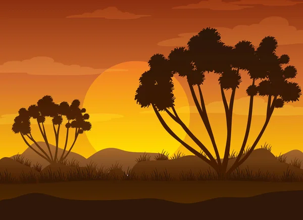 Silhouette Savannenwald Bei Sonnenuntergang Illustration — Stockvektor
