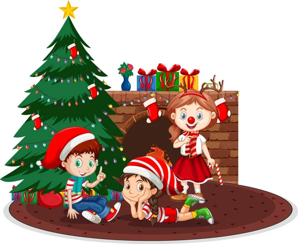 Niños Felices Celebrando Navidad Sobre Fondo Blanco Ilustración — Vector de stock