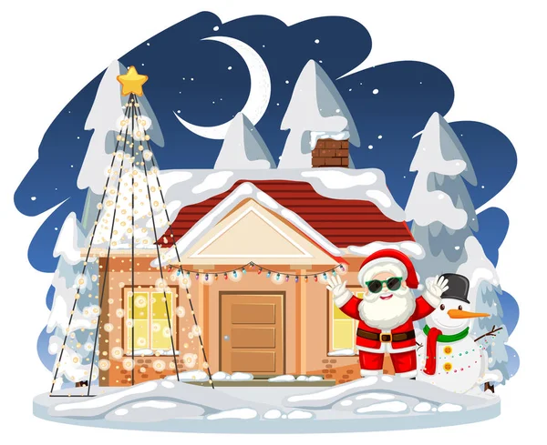 Casa Cubierta Nieve Con Santa Claus Muñeco Nieve Ilustración — Vector de stock