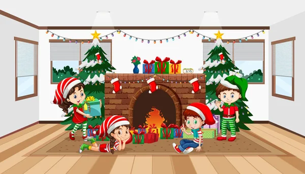 Escena Habitación Con Niños Celebrando Ilustración Navidad — Vector de stock