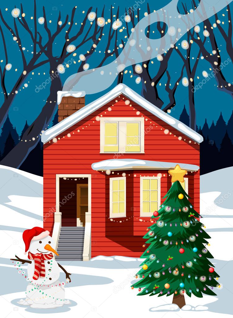 Christmas winter scene with a house and decorated Christmas tree illustration