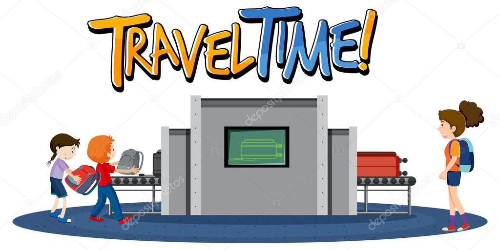Travel Time typography design with passengers waiting for luggages illustration