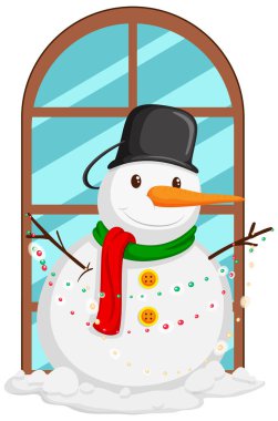 Pencere resimleriyle süslenmiş mutlu kardan adam