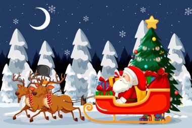 Noel Baba kızakta Ren geyiğiyle birlikte gece olay yeri çiziminde