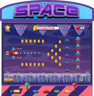 Retro arcade piksel uzay oyunu arayüzü çizimi
