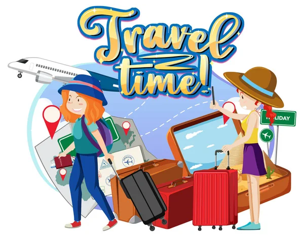 Логотип Типографии Travel Time Иллюстрацией Персонажей Мультфильмов Туристов — стоковый вектор