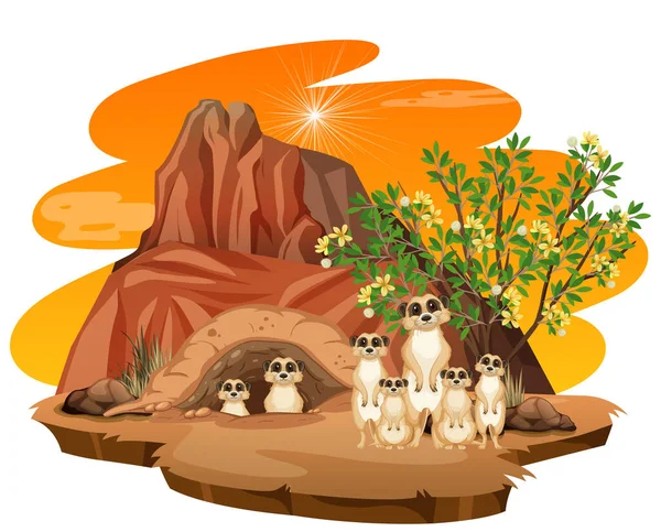 Cena Natureza Isolada Com Ilustração Família Meerkat —  Vetores de Stock