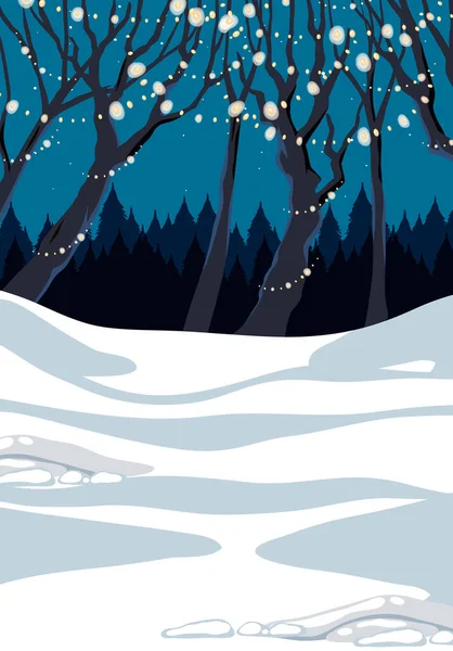 Scène Met Sneeuw Grond Boom Versierd Met Verlichting Illustratie — Stockvector