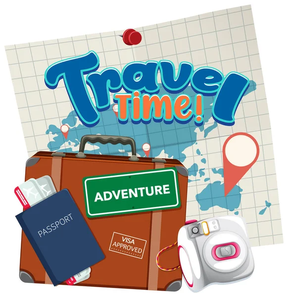 Diseño Tipografía Travel Time Con Ilustración Objetos Itinerantes — Vector de stock