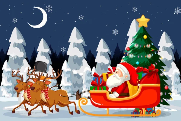 Kerstman Slee Met Rendieren Nachts Scène Illustratie — Stockvector