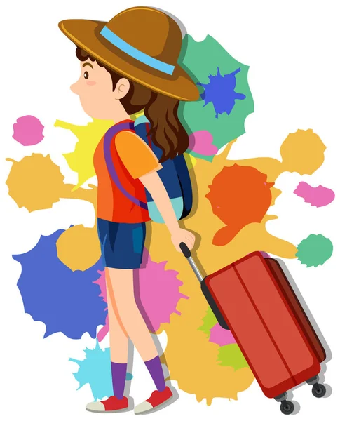 Renkli Arkaplan Illüstrasyonunda Bavulu Çeken Kız — Stok Vektör