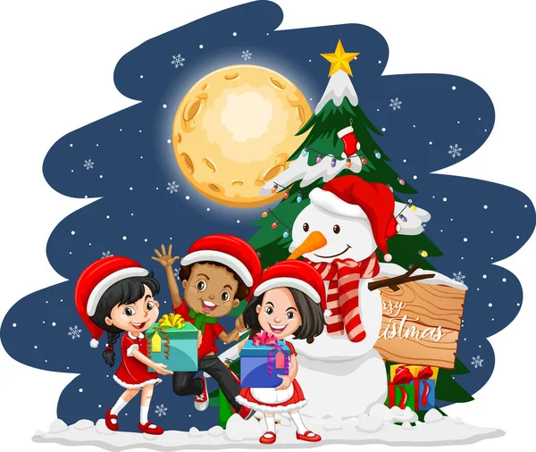 Noche Navidad Con Niños Felices Trajes Navidad Ilustración — Vector de stock