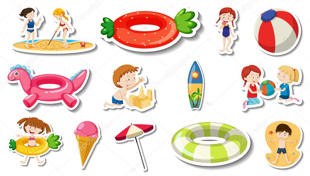 Set of summer beach items and children   illustration