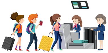 Kayıt gişesindeki yolcular servis elemanlarının çizimleriyle birlikte