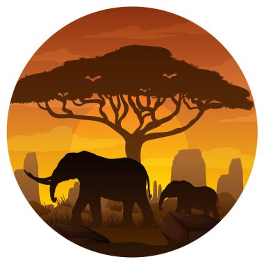 Savana Ormanı illüstrasyonunda fil hayvan silueti