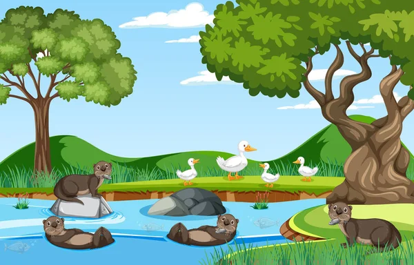 Río Bosque Con Ilustración Nutrias Patos — Vector de stock