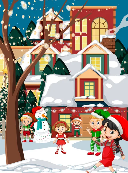 与孩子们一起庆祝圣诞插图的户外场景 — 图库矢量图片