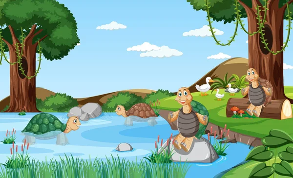 River Skogen Med Sköldpaddor Tecknad Stil Illustration — Stock vektor