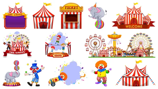 Set Circus Characters Amusement Park Elements Illustration — Stockvektor