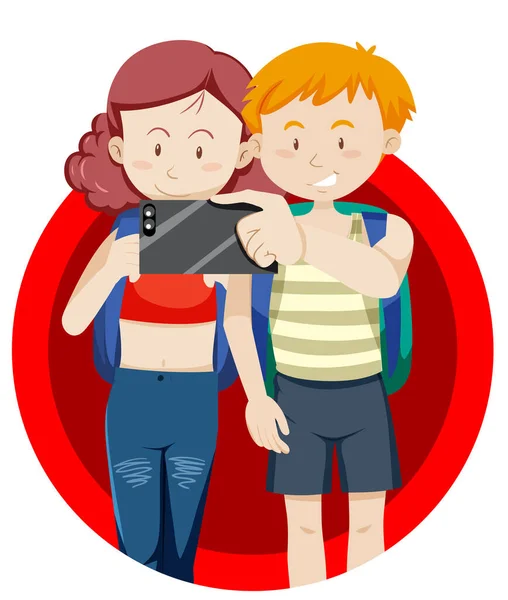 Αγόρι Και Κορίτσι Λήψη Selfie Την Εικόνα Του Τηλεφώνου — Διανυσματικό Αρχείο