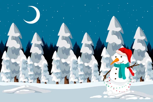 Weihnachten Schneemann Schnee Der Nacht Szene Illustration — Stockvektor