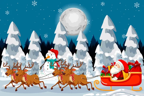 Weihnachtsmann Auf Schlitten Mit Rentieren Der Nacht Szene Illustration — Stockvektor