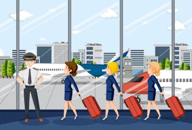 Havaalanı illüstrasyonunda yürüyen uçuş görevlileri