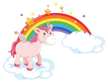 Pembe pegasus gökkuşağı resimleriyle bir bulutun üzerinde duruyor.