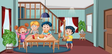 Çocuklar oda sahnesinde birlikte yemek yiyorlar.