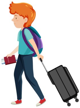 Beyaz arkaplanda bavul taşıyan bir gezgin.