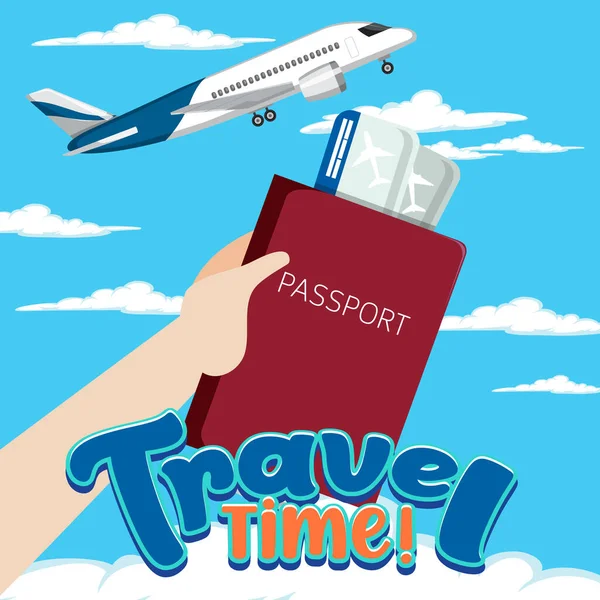 パスポートと飛行機のイラストと旅行時間のロゴバナー — ストックベクタ