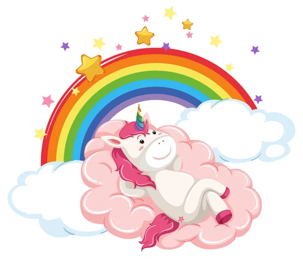 Pink Unicorn Berbaring Awan Dengan Ilustrasi Pelangi - Stok Vektor