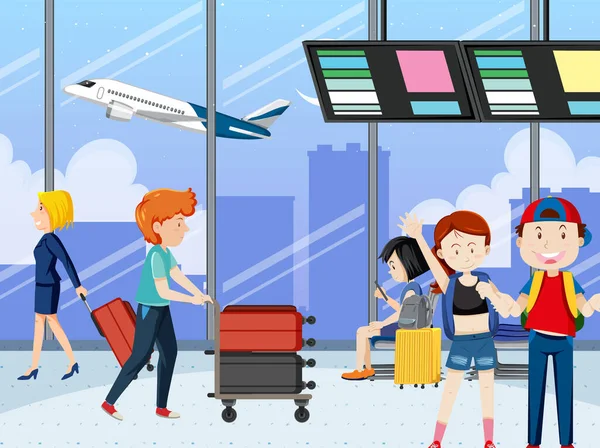 Τουρίστες Στο Αεροδρόμιο Τερματικό Κινούμενα Σχέδια Στυλ Εικονογράφηση — Διανυσματικό Αρχείο
