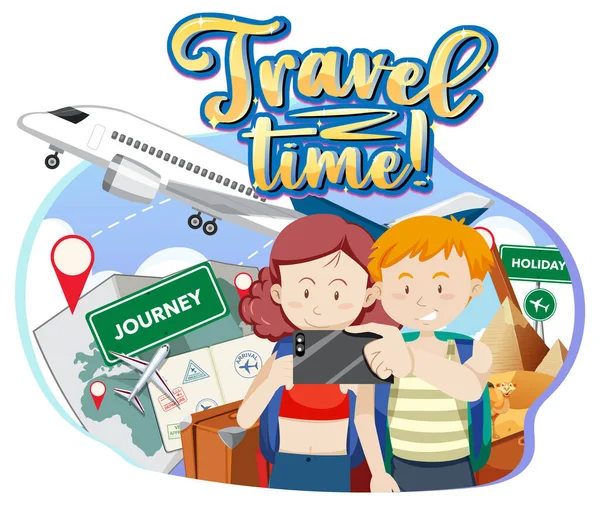 Typografia Czasu Podróży Logo Podróżników Para Ilustracja — Wektor stockowy