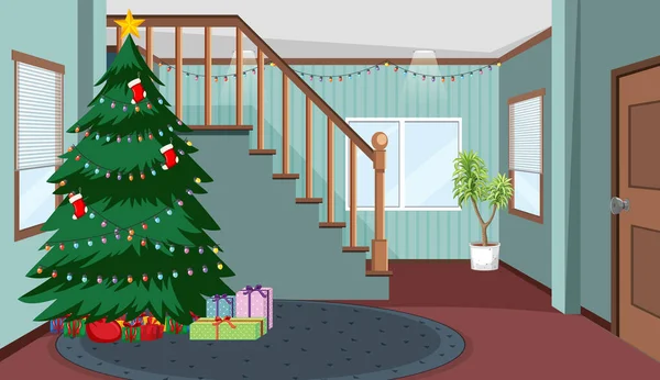 Lege Kamer Met Kerstboom Cadeautjes Illustratie — Stockvector