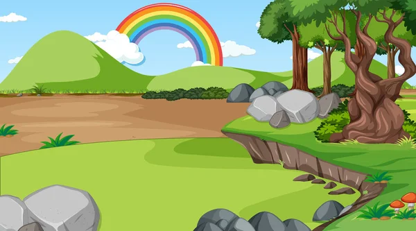 Nature Forest Scene Rainbow Sky Illustration — Stock Vector