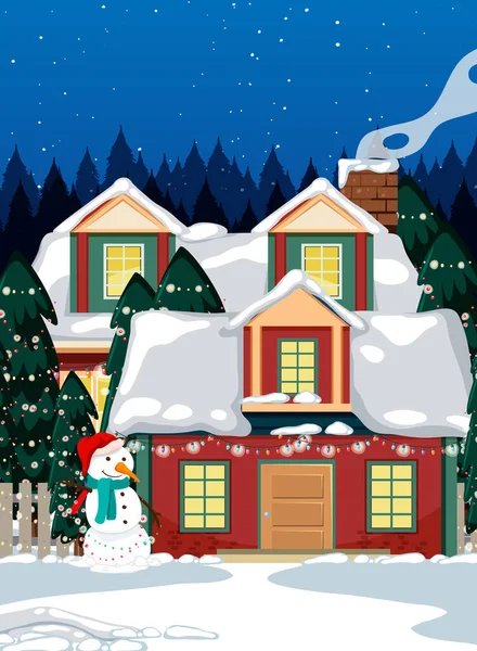 Різдвяна Зимова Сцена Снігом Критий Будинок Ілюстрація — стоковий вектор