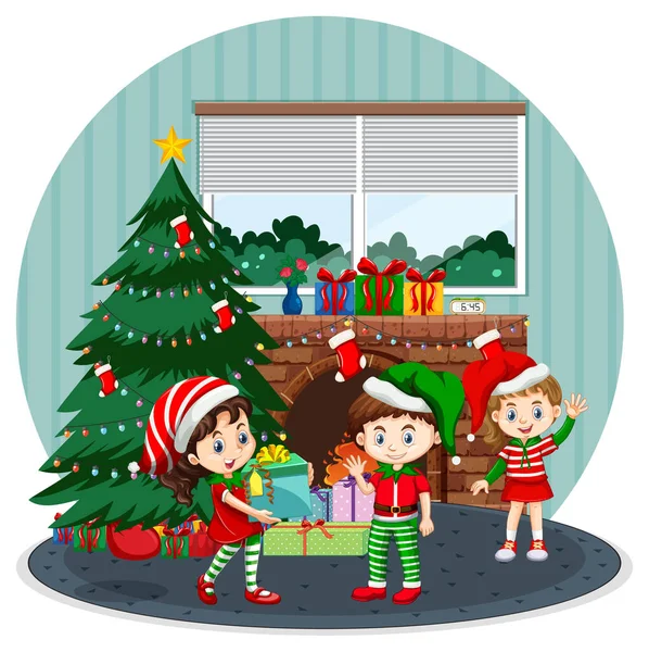 Enfants Heureux Célébrant Noël Maison Illustration — Image vectorielle