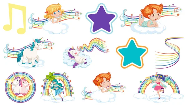 Set Fantasy Fairies Cupids Rainbow Elements Illustration — Stock Vector