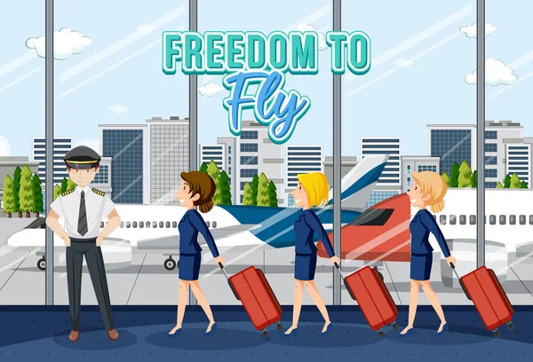 Terminal Luchthaven Scène Met Vliegtuigbemanningen Cartoon Stijl Illustratie — Stockvector