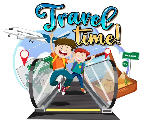 Typografické Logo Travel Time Skupinovou Ilustrací Cestovatelů — Stockový vektor