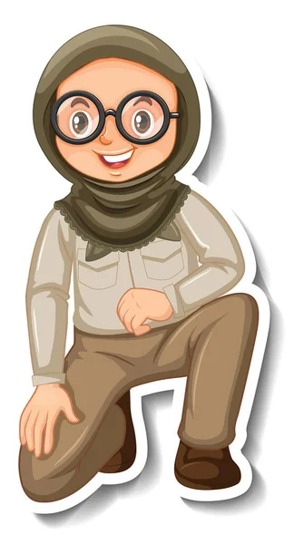 Muslimisches Mädchen Safari Outfit Cartoon Charakter Aufkleber Illustration — Stockvektor