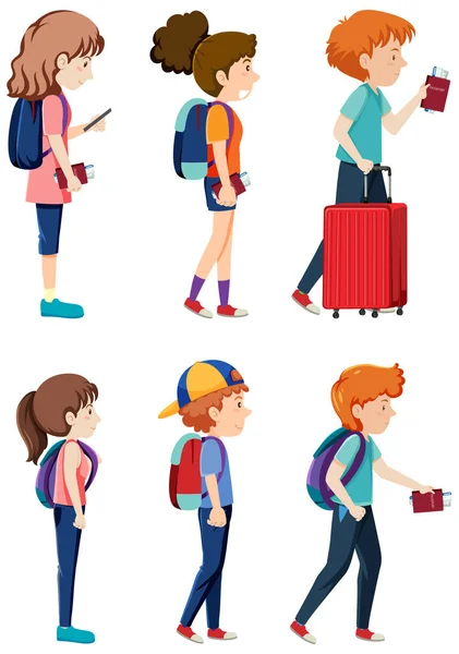 Conjunto Diferentes Viajantes Desenho Animado Personagem Ilustração — Vetor de Stock