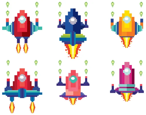 Set Pixel Game Spaceships Isolated Illustration — Stock Vector