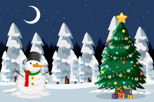 Christmas Snowman Decorated Tree Snow Night Scene Illustration — Stock Vector