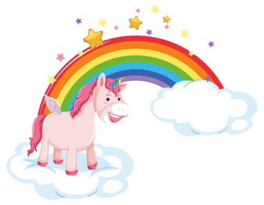 Pembe tek boynuzlu at karikatür tarzında gökkuşağı şeklinde bulutların üzerinde yatıyor.