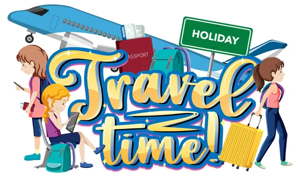 Diseño Tipografía Travel Time Con Ilustración Personas Objetos Itinerantes — Vector de stock